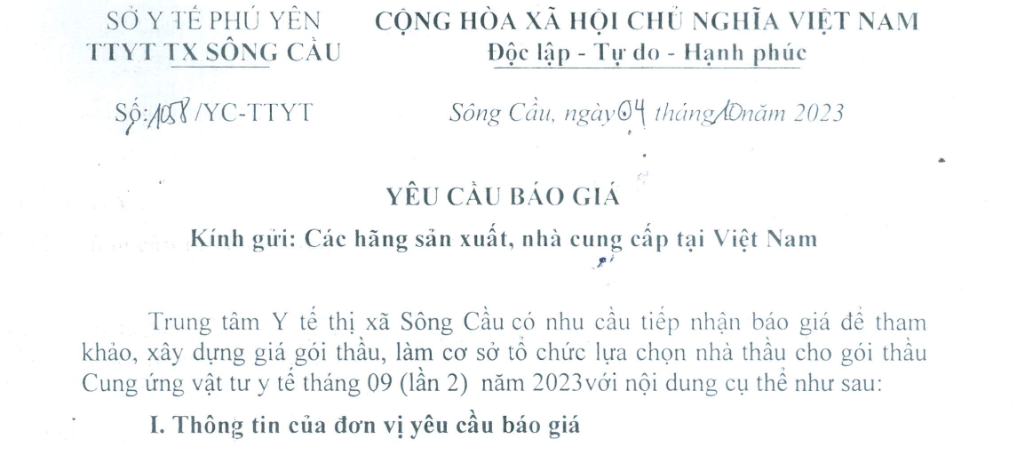 Yêu cầu báo giá bổ sung Cung ứng vật tư y tế tháng 9 năm 2023
